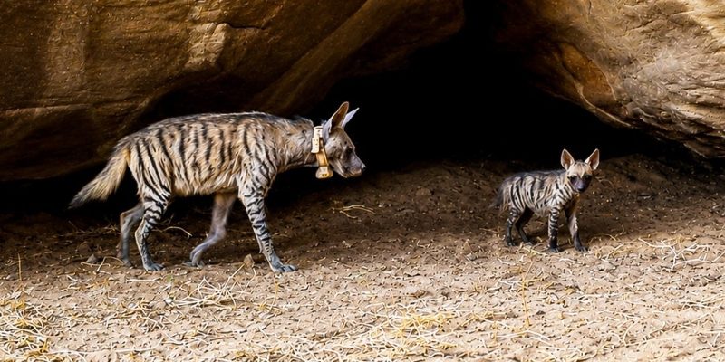 An adult striped hyena wearing a pale tracking collar walks out from under a large sandstone overhang onto bare sand, with a small striped cub standing a few paces behind her looking toward the camera.