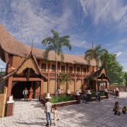 Architectural rendering of a large pavilion with a steep upswept roof facing a paved plaza, with visitors walking past a mesh-fronted tiger yard on the left.