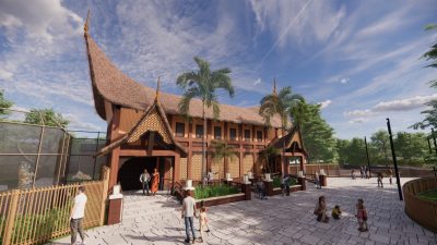 Architectural rendering of a large pavilion with a steep upswept roof facing a paved plaza, with visitors walking past a mesh-fronted tiger yard on the left.