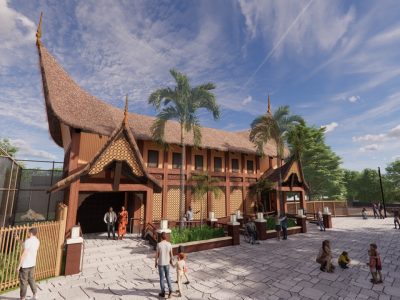Architectural rendering of a large pavilion with a steep upswept roof facing a paved plaza, with visitors walking past a mesh-fronted tiger yard on the left.