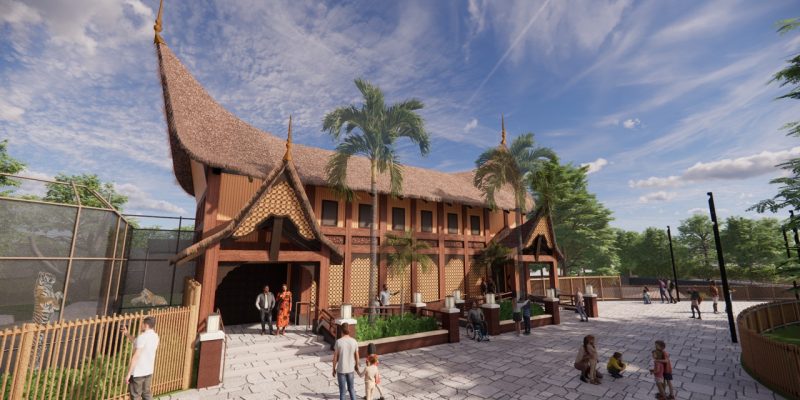 Architectural rendering of a large pavilion with a steep upswept roof facing a paved plaza, with visitors walking past a mesh-fronted tiger yard on the left.