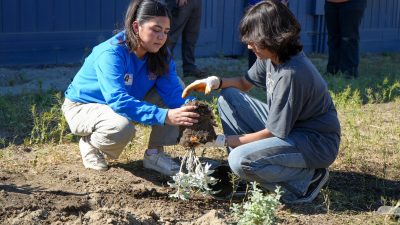 A staff member in a blue shirt and a student kneel together on bare ground, planting a desert shrub from a pot.