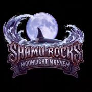 Key art for Shamu Rocks: Moonlight Mayhem showing an orca breaching in front of a full moon inside a crest of waves, above ornate metal lettering