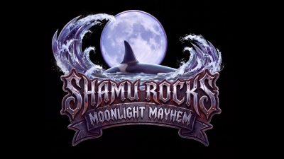 Key art for Shamu Rocks: Moonlight Mayhem showing an orca breaching in front of a full moon inside a crest of waves, above ornate metal lettering