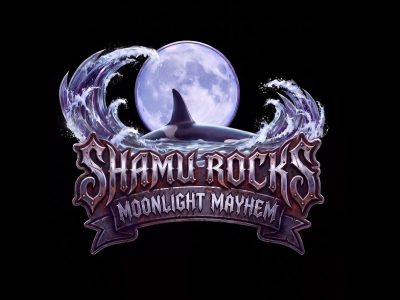 Key art for Shamu Rocks: Moonlight Mayhem showing an orca breaching in front of a full moon inside a crest of waves, above ornate metal lettering