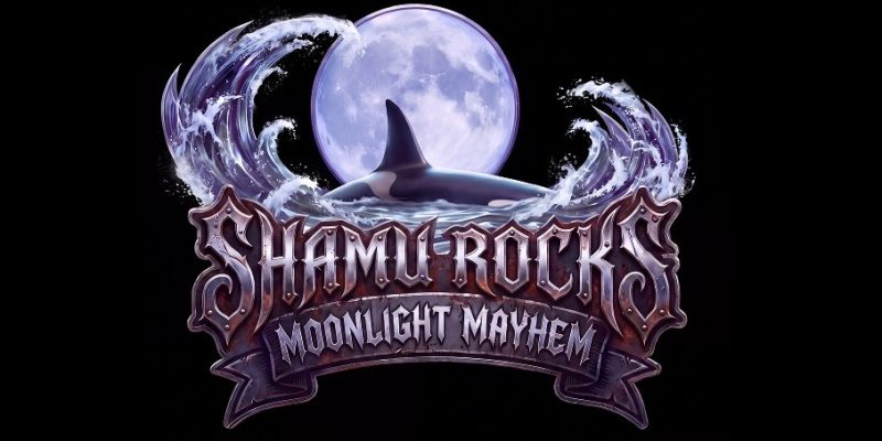 Key art for Shamu Rocks: Moonlight Mayhem showing an orca breaching in front of a full moon inside a crest of waves, above ornate metal lettering