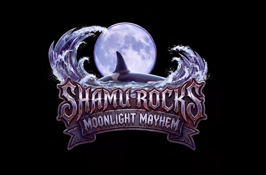 Key art for Shamu Rocks: Moonlight Mayhem showing an orca breaching in front of a full moon inside a crest of waves, above ornate metal lettering