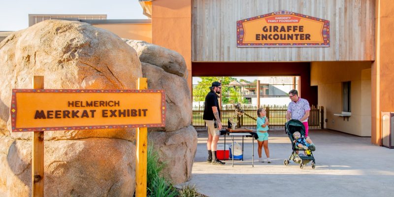 A sign reading Helmerich Meerkat Exhibit stands beside a boulder wall on a new paved path at Tulsa Zoo, with the timber-framed Hardesty Family Foundation Giraffe Encounter building and several visitors behind it.