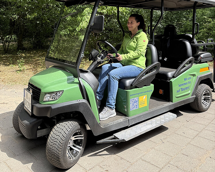 A zoo staff member sits at the wheel of a small green electric vehicle with an open side and a boarding ramp.
