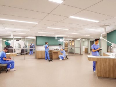 Architectural rendering of the Tennessee Aquarium's planned animal hospital: a bright treatment room with staff in blue scrubs, overhead surgical lights, teal cabinetry and a glass-walled imaging suite holding a CT scanner.