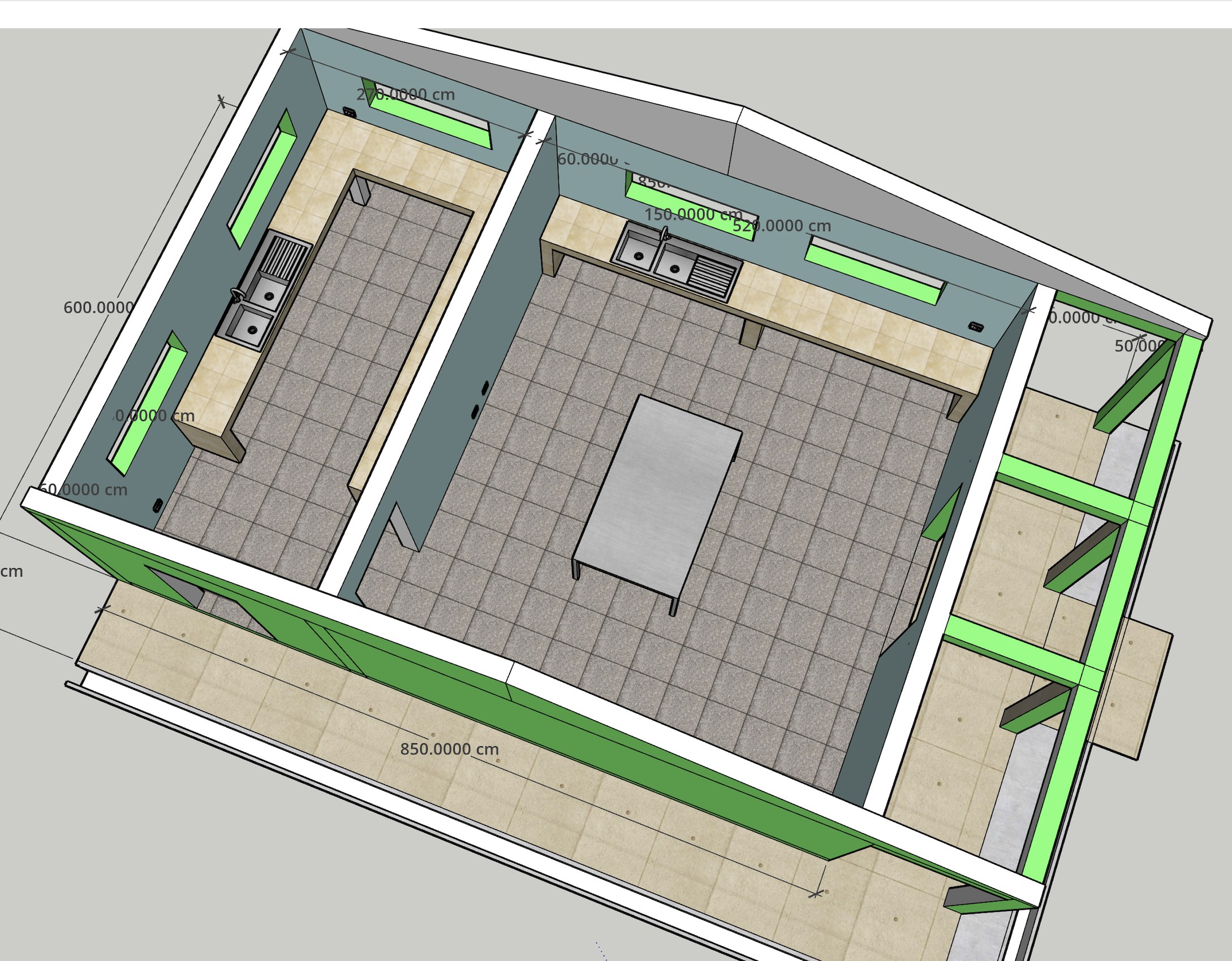 A three-dimensional architectural drawing seen from above of a two-room building with tiled floors, counters running along two walls, two double sinks and a free standing bench in the larger room, annotated with dimensions in centimeters.