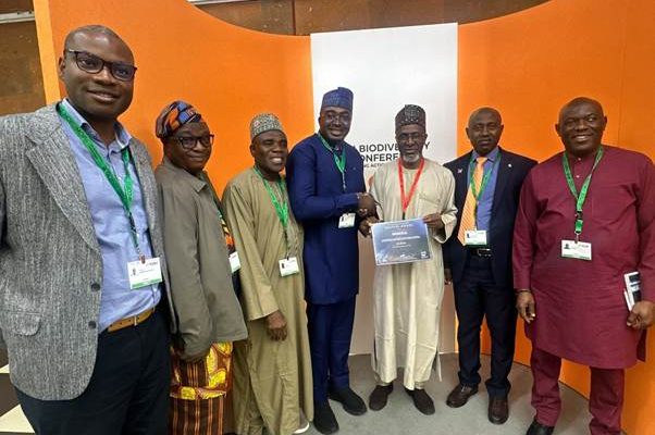 Seven delegates stand together at the CBD COP17 venue in Yerevan, two of them holding a certificate printed with the word Nigeria.