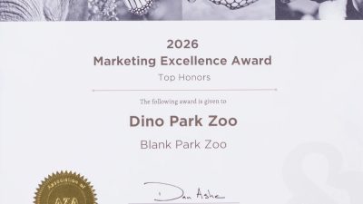 An award certificate printed with a row of animal photographs along the top, reading 2026 Marketing Excellence Award, Top Honors, given to Dino Park Zoo, Blank Park Zoo, with a gold Association of Zoos and Aquariums seal and the signature of Dan Ashe.
