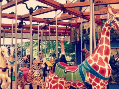 Carved wooden animals on the Birmingham Zoo carousel, including a tall giraffe with a red bridle, a spotted leopard, a zebra, an ostrich and two pale horses, under a lit wooden canopy with species names painted on the boards above.