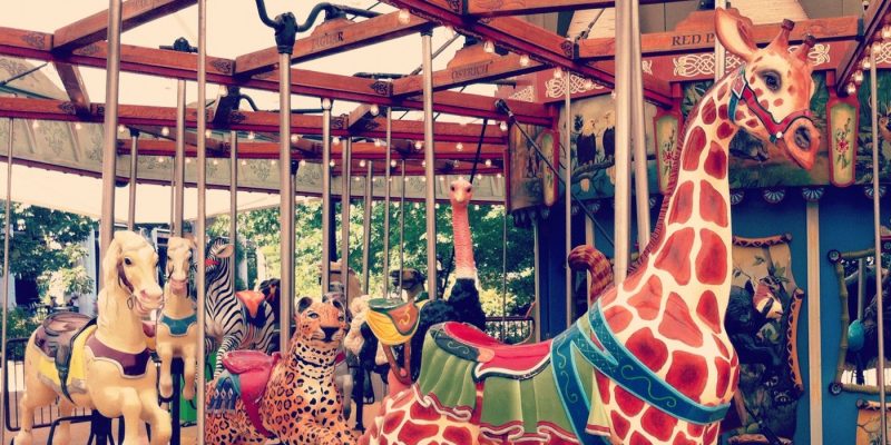 Carved wooden animals on the Birmingham Zoo carousel, including a tall giraffe with a red bridle, a spotted leopard, a zebra, an ostrich and two pale horses, under a lit wooden canopy with species names painted on the boards above.