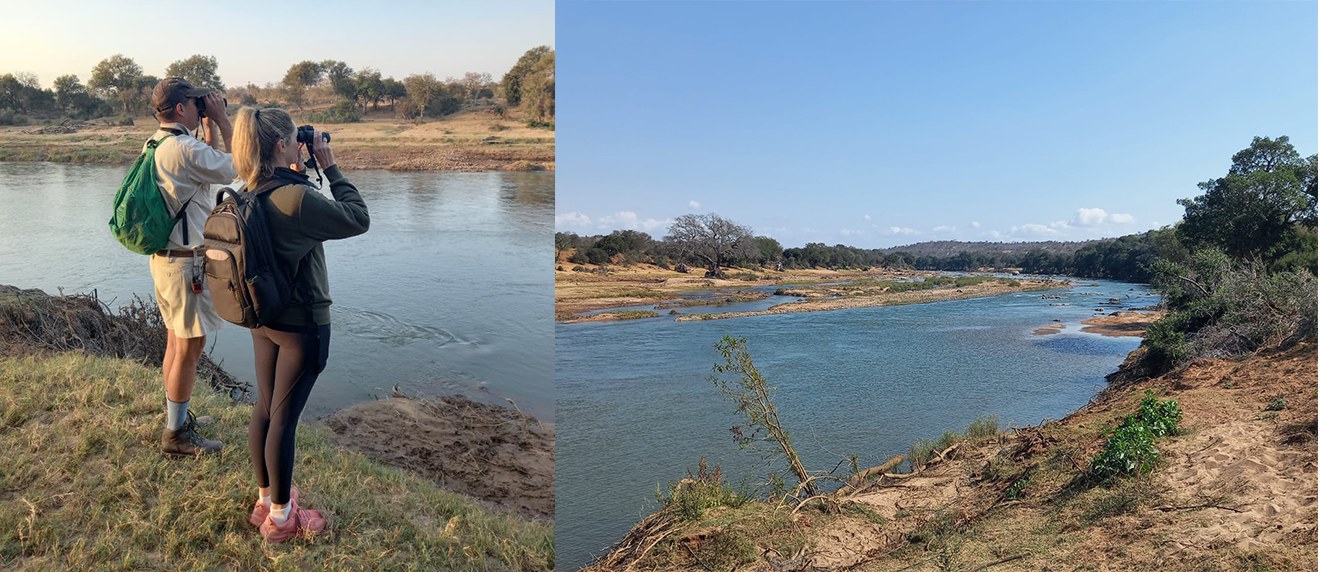 A two-panel photograph: on the left, two surveyors with binoculars on a grassy bank above the river; on the right, a wide view downstream of a shallow braided channel running between exposed sandbars, a bare eroded bank in the foreground with a toppled tree lying across it.