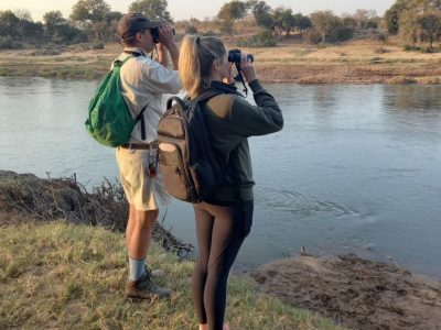 Two people seen from behind, standing on a grassy bank above a wide brown river with day packs on and binoculars raised, looking across at a low far bank of sand, scrub and scattered trees under a pale early morning sky.