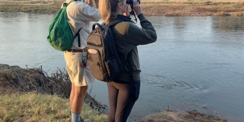 Two people seen from behind, standing on a grassy bank above a wide brown river with day packs on and binoculars raised, looking across at a low far bank of sand, scrub and scattered trees under a pale early morning sky.