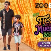 Promotional graphic for San Antonio Zoo's Zoo Boo! showing a family of four in Day of the Dead face paint and skeleton-print clothing walking past a tall wall of orange marigolds, beside lettering that reads Fiesta de los Muertos, San Antonio Zoo, Sep 19 to Nov 1.
