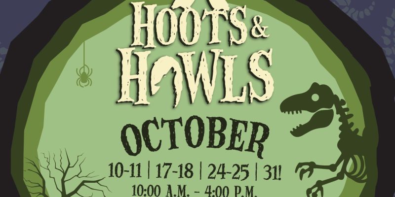 Promotional artwork for Hoots and Howls showing the event name in tall carved lettering across a bright green moon, with two white owls perched on the first word, a skeletal dinosaur standing at the right edge, a bare tree and a hanging spider at the left, and the text OCTOBER 10-11, 17-18, 24-25, 31 and 10:00 A.M. - 4:00 P.M. below, all set inside a dark purple border.