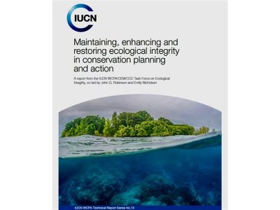 Cover of the IUCN technical report on ecological integrity, showing a split-level photograph of a small forested island in the Solomon Islands with the coral reef visible in the clear water beneath the surface.