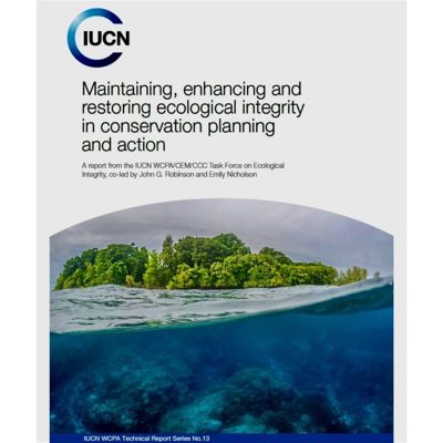 Cover of the IUCN technical report on ecological integrity, showing a split-level photograph of a small forested island in the Solomon Islands with the coral reef visible in the clear water beneath the surface.