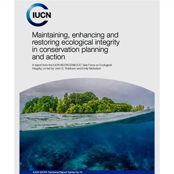 Cover of the IUCN technical report on ecological integrity, showing a split-level photograph of a small forested island in the Solomon Islands with the coral reef visible in the clear water beneath the surface.