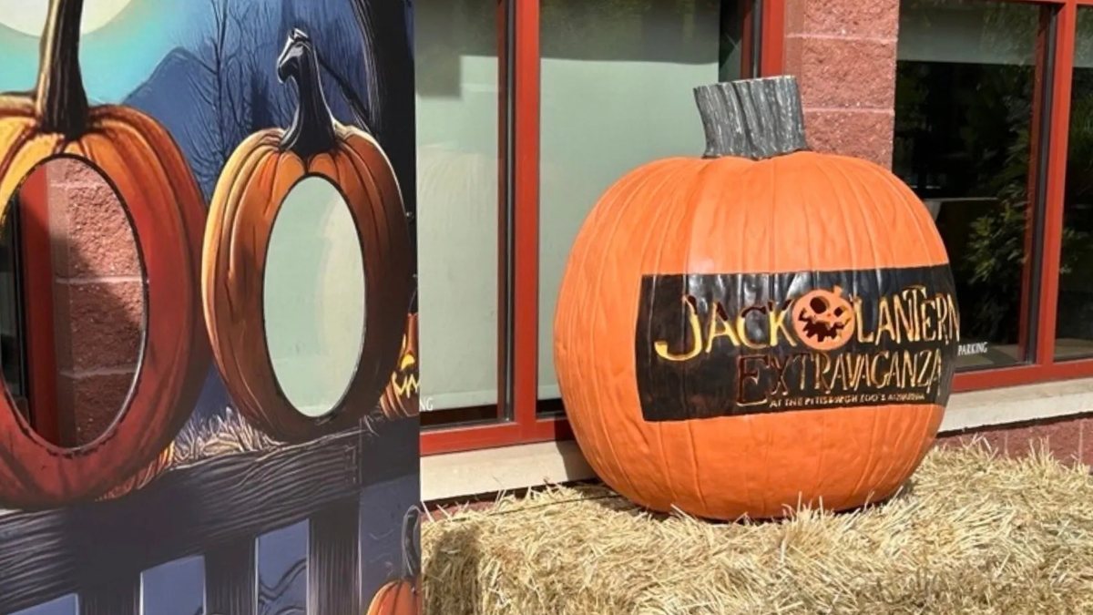 A large pumpkin carved with the Jack O'Lantern Extravaganza name sits on a straw bale beside a painted mural of pumpkins on a building wall.