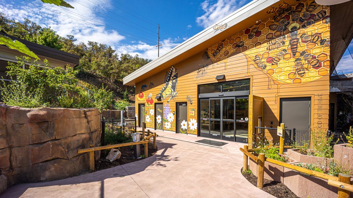 A single-story building with yellow siding, its upper wall painted with a honeycomb pattern and oversized honeybees above a large butterfly and white daisies, glass doors at the center and timber-railed planting beds along the path in front.