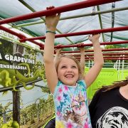 A young girl in a floral top hangs by both hands from red overhead climbing bars, grinning upward, while a bearded man in sunglasses holds her from behind. A graphic panel beside them reads CLIMB LIKE A GRAPEVINE above a photograph of vines.