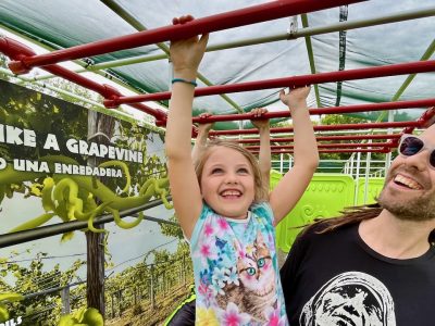 A young girl in a floral top hangs by both hands from red overhead climbing bars, grinning upward, while a bearded man in sunglasses holds her from behind. A graphic panel beside them reads CLIMB LIKE A GRAPEVINE above a photograph of vines.