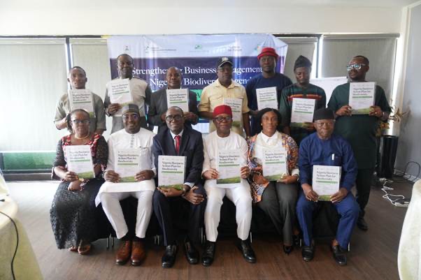 Thirteen delegates pose in two rows at the Abuja launch of Nigeria's National Business Action Plan for Biodiversity, each holding a printed copy of the plan, in front of a banner reading strengthening business engagement in Nigeria's biodiversity agenda.