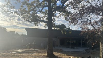 A low dark-roofed building under construction at the Little Rock Zoo, with freshly poured concrete pathways and a covered patio in front of it and a large bare oak in the foreground.
