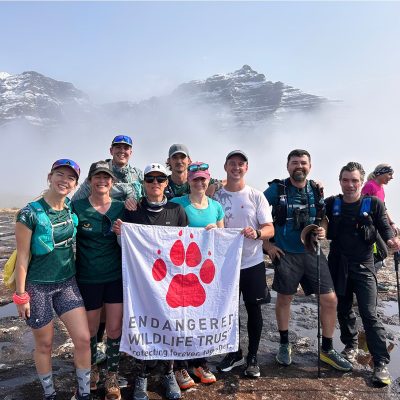Ten hikers in trail running kit stand together on wet rock holding a white flag with a red paw print reading Endangered Wildlife Trust, with a snow covered Drakensberg escarpment rising out of thick cloud behind them.