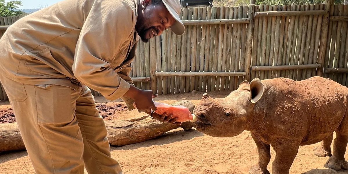 A caregiver in khaki bottle-feeds a young orphaned rhino calf in a sand-floored boma with a pole fence behind them