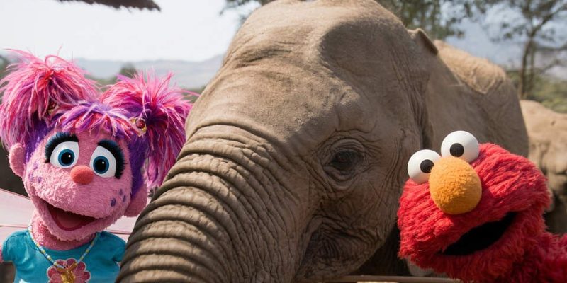 Abby Cadabby on the left and Elmo on the right lean in close on either side of a young African elephant's head and trunk at an outdoor enclosure, with hills and trees behind them.