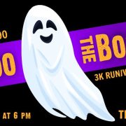 Promotional graphic for the Louisville Zoo's Throo the Boo 3K run and walk, showing a smiling cartoon ghost on a black background between purple banners reading Throo the Boo, with the date November 7 at 6 PM and the words Tickets On Sale.