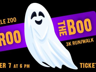 Promotional graphic for the Louisville Zoo's Throo the Boo 3K run and walk, showing a smiling cartoon ghost on a black background between purple banners reading Throo the Boo, with the date November 7 at 6 PM and the words Tickets On Sale.