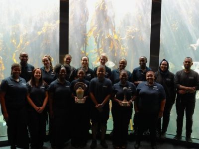 Aquarium staff in dark uniforms stand in front of a tall kelp forest exhibit, two of them holding trophies.