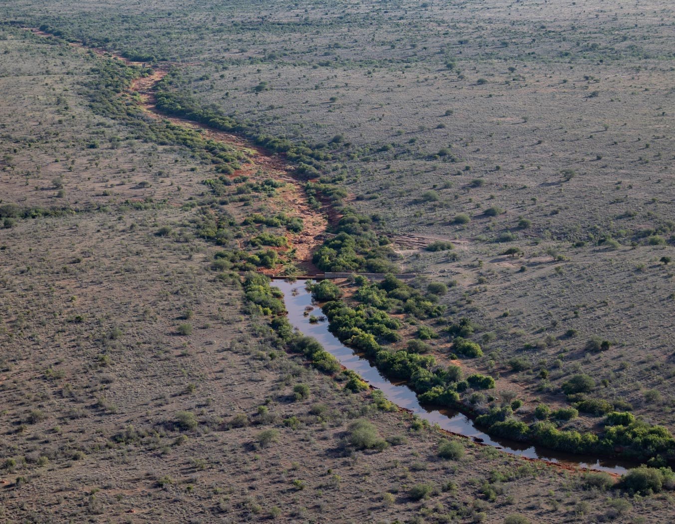 An aerial view of a seasonal watercourse winding through grey-green scrub, with a held stretch of water visible behind a structure and a band of green riverine trees growing along it, dry bush extending on both sides.
