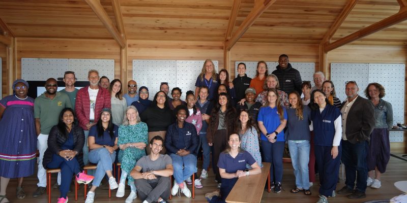 Around forty delegates to the National Sea Turtle Workshop stand and sit together for a group photograph in a timber-framed room at the Two Oceans Aquarium in Cape Town.
