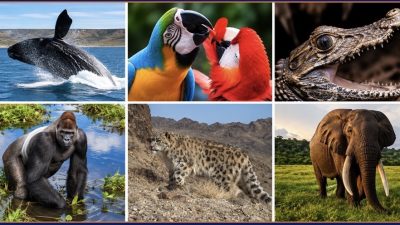 A six-panel montage of wildlife photographs: a breaching whale, two macaws, a crocodile, a gorilla wading, a snow leopard on a rocky slope and an elephant on grassland.