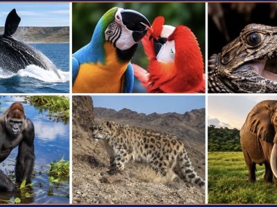 A six-panel montage of wildlife photographs: a breaching whale, two macaws, a crocodile, a gorilla wading, a snow leopard on a rocky slope and an elephant on grassland.