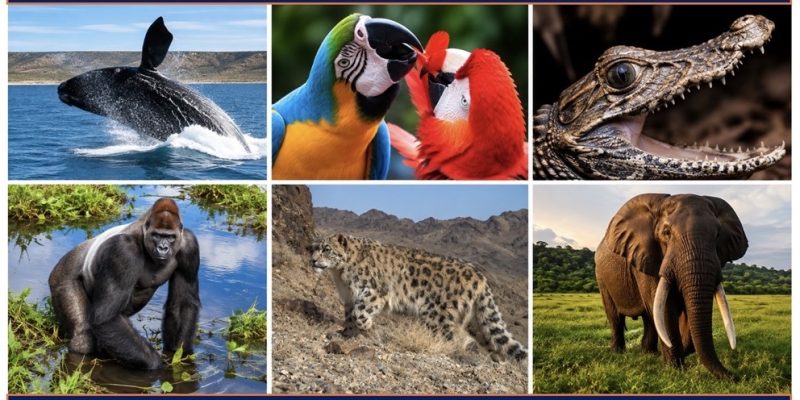 A six-panel montage of wildlife photographs: a breaching whale, two macaws, a crocodile, a gorilla wading, a snow leopard on a rocky slope and an elephant on grassland.