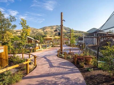 A curving paved path runs through the Wild Utah habitat between timber fencing and young trees, with a tall mesh aviary on the right and dry foothills rising behind.